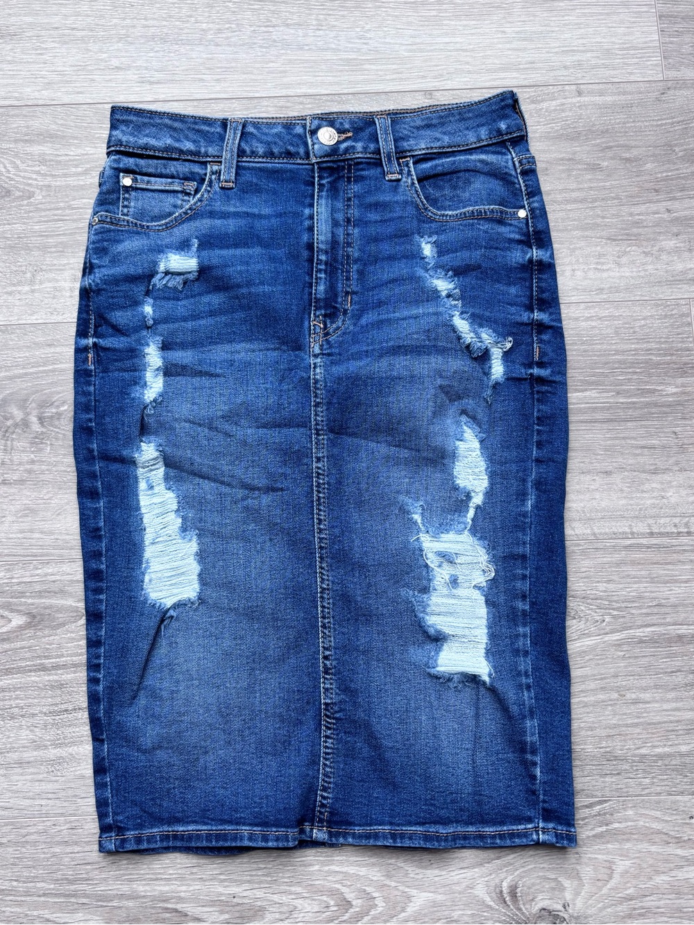 Guess Distressed Dark Blue Denim Jean Midi Pencil Skirt